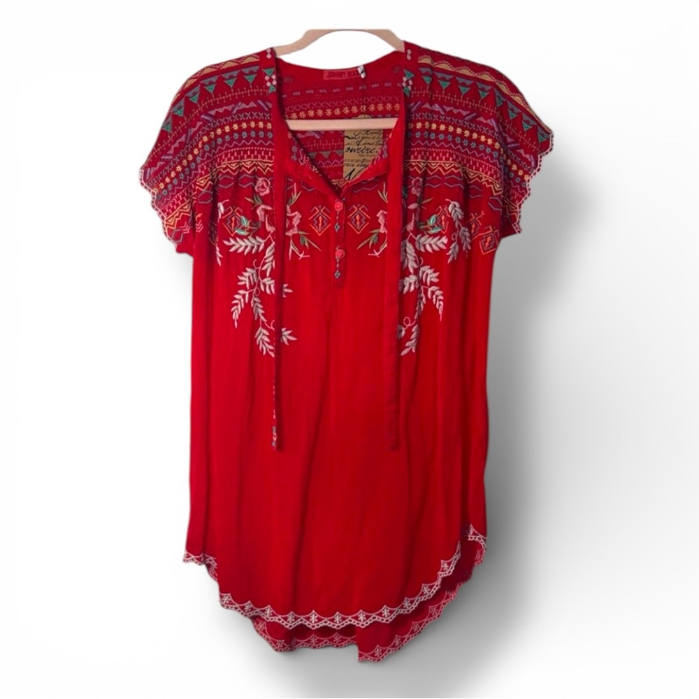 Johnny Was top red Tunic mini dress -‎ Multicolor Embroidered cupro rayon Tag- S